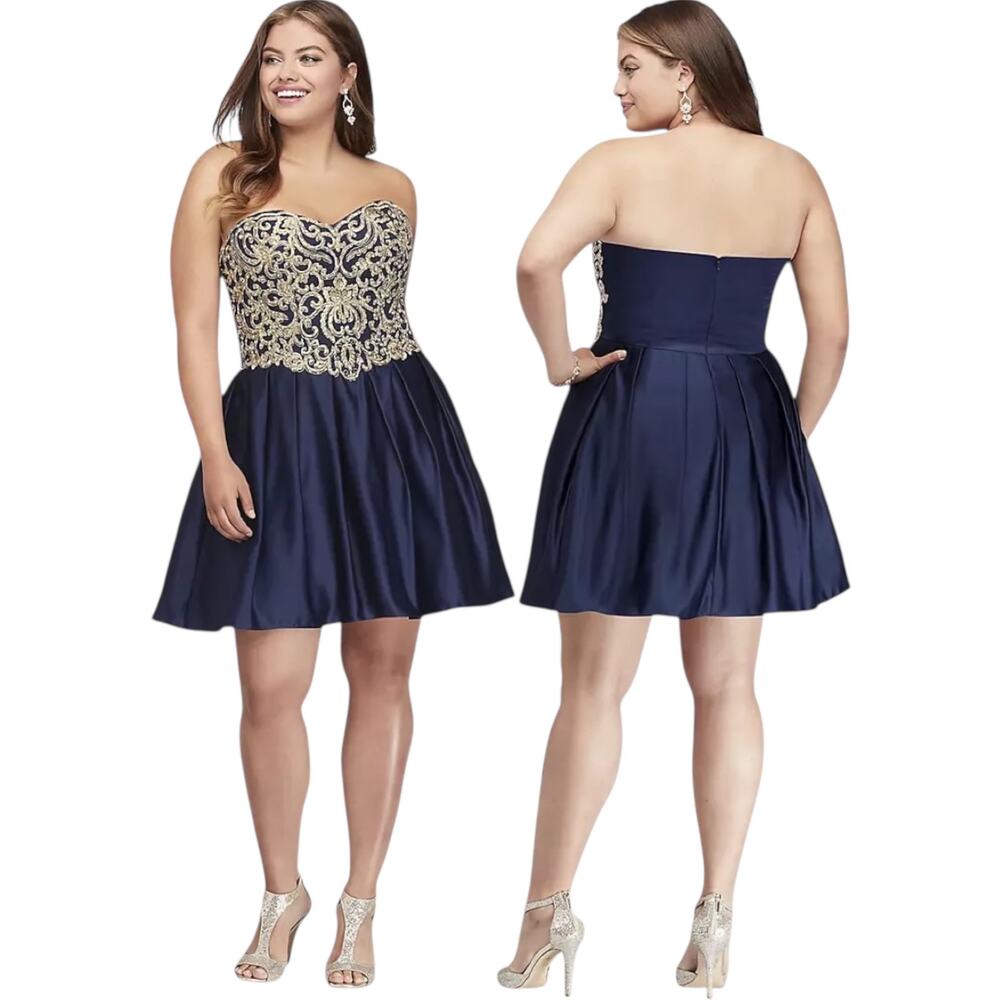 Blondie Nites Appliqued Satin Fit and Flare Strapless Mini Dress Blue Gold 17